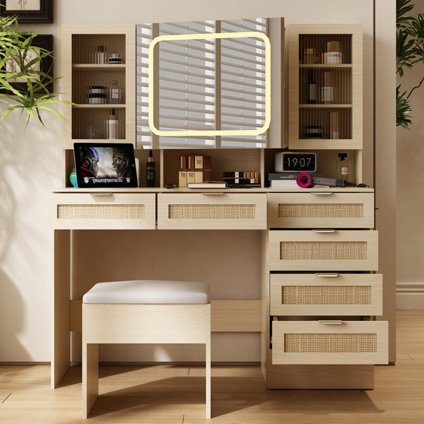 Large Vanity Table Set with LED Lighted Mirror, Vanity Desk with Charging Station, Makeup Table with Glass Doors, Drawers and Storage Shelves, Cushioned Stool for Bedroom, Natural