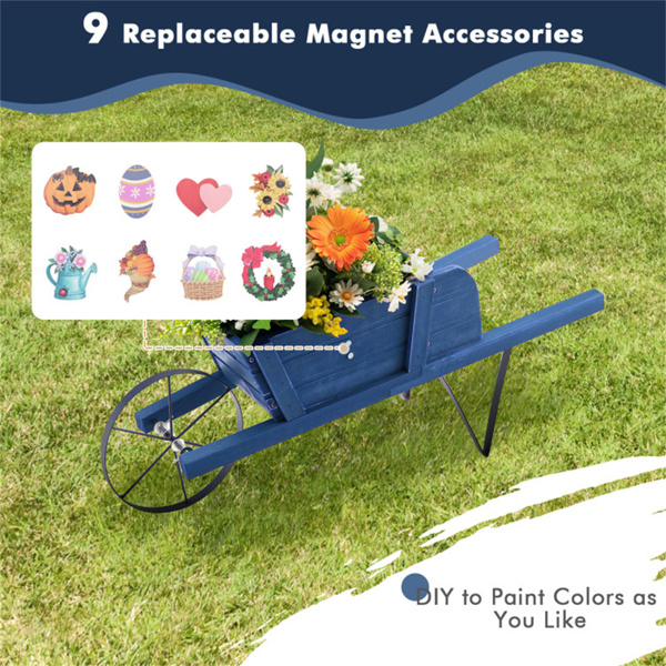 2 In 1 Wheelbarrow Planter，Wooden Wagon Planter with 9 Magnetic Accessories for Garden Yard