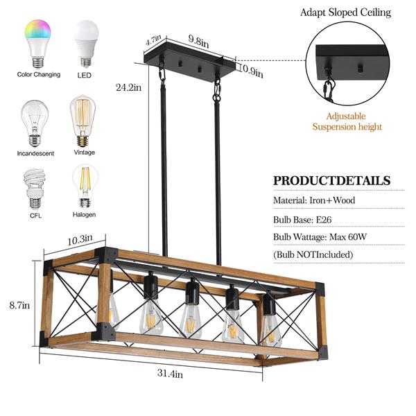 5-Light Retro Farmhouse Chandelier For Kitchen, Living room, Dining room Walnut(No Bulbs)