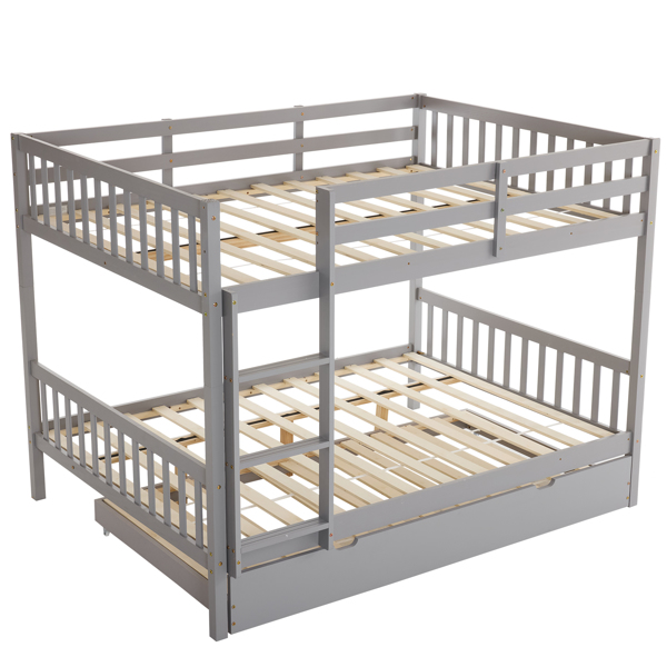 Full Size Bunk Bed with Trundle Bed, with Ladder and Safety Rails Pinewood Bunk Bed Gray