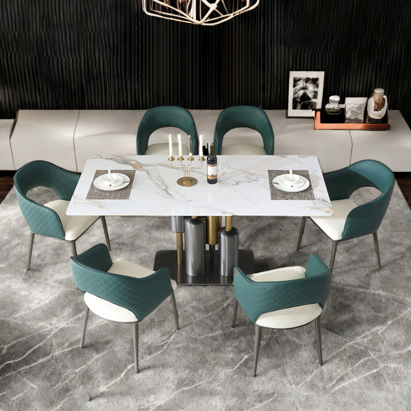 Modern 7PCS Dining Table Set, White Dining Table Sintered Stone Dining Table Top with stainless steel base, 71 inch Modern Luxury White Rectangular Dining Table (1table+6chairs)-LTL Item