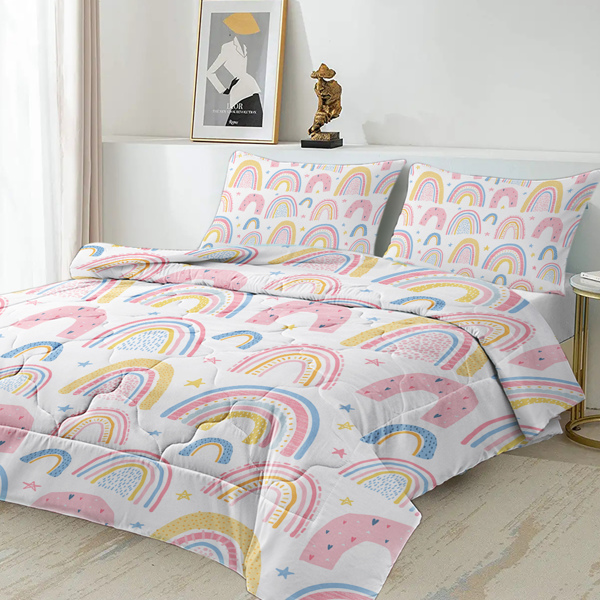 Rainbow Pattern Comforter Set for Women Pink and Yellow Rainbow Star Comforter 3 Piece with 2 Pillow Shams(1 Comforter and 2 Pillow Shams) Twin Size  （Maybe Shipment from FBA）