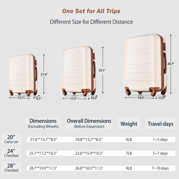 Luggage Sets New Model ABS Hardshell 3pcs Clearance Luggage Hardside Lightweight Durable Suitcase sets Spinner Wheels Suitcase with TSA Lock 20''24''28''(ivory and brown)