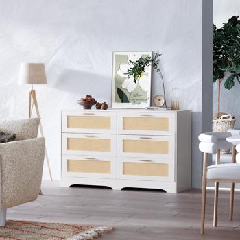 Generisch Rattan Kommode, Komode mit Schubladen, 6 Schubladen Dresser, 120x40x77 cm Tv Schrank, Flur Kommode & Chest of Drawers für Schlafzimmer Wohnzimmer, 120x40x77 cm (Weiß)