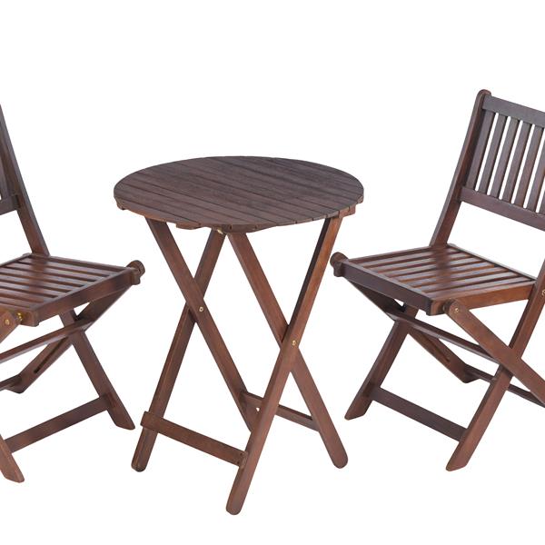 3-Piece Acacia Wood Bistro Set, Wooden Folding Patio Furniture for Garden Backyard Balcony Porch w/ 1 Coffee Table and 2 Foldable Chairs, Natural Stained