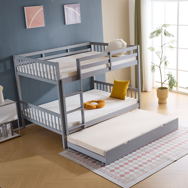 Full Size Bunk Bed with Trundle Bed, with Ladder and Safety Rails Pinewood Bunk Bed Gray