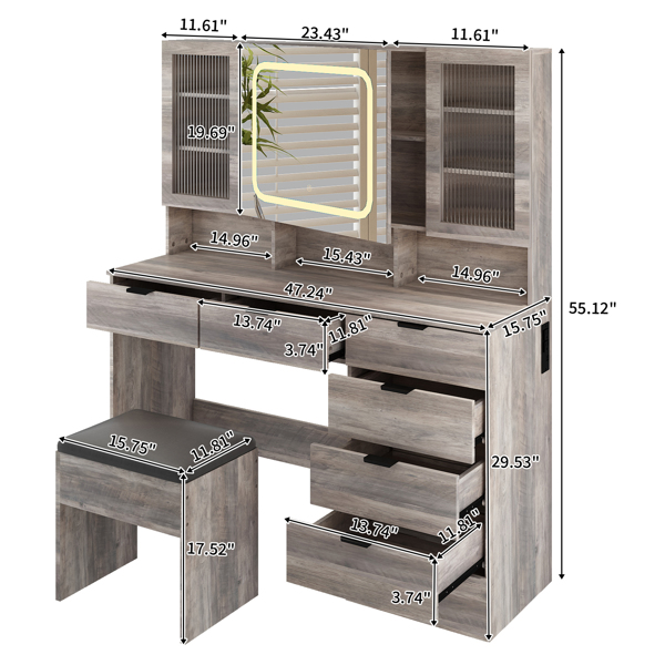 Large Vanity Table Set with LED Lighted Mirror, Vanity Desk with Charging Station, Makeup Table with Glass Doors, Drawers and Storage Shelves, Cushioned Stool for Bedroom, Gray