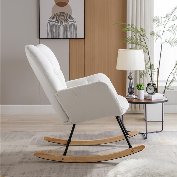 Mid Century Modern Velvet Tufted Upholstered Rocking Chair Padded Seat for Living Room Bedroom, White