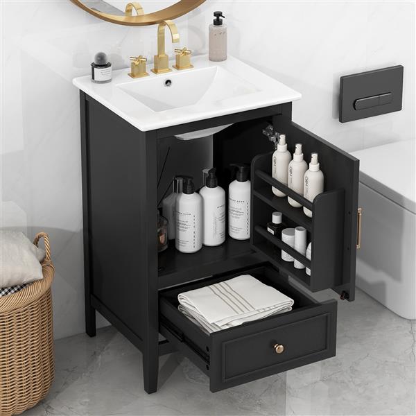 20" Bathroom Vanity with Sink, Bathroom Cabinet with Two Doors, Door Shelf Storage and Adiustable Foot Pads, A Drawer, Black