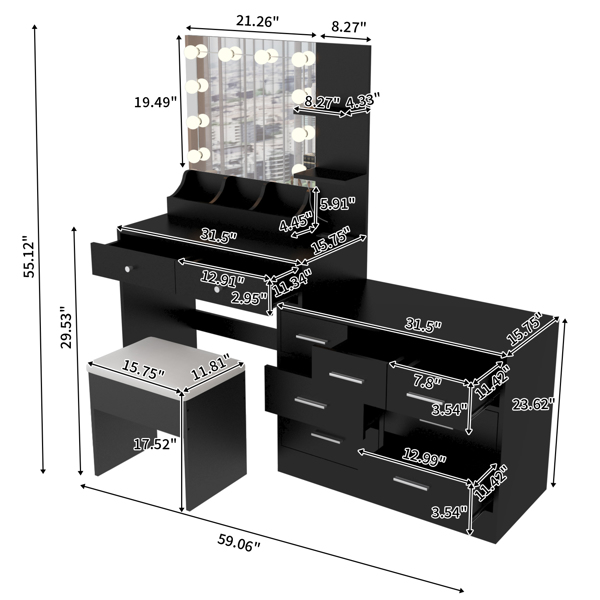 Large Makeup Vanity with Lights, Vanity Table with Charging Station, Vanity Desk with Mirror and 10 LED Light Bulbs, Makeup Table with Tabletop Compartments, Drawers and Storage Shelves, Black