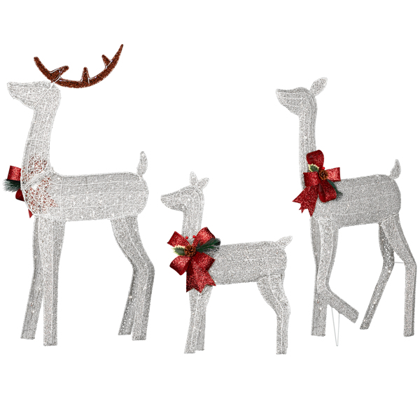 3-Piece Lighted Christmas Reindeer Family Set Outdoor Decorations, Weather Proof 2D Deer Family Set of 3 Christmas Ornament Home Decor Pre-lit 200 LED White Lights with Stakes, White