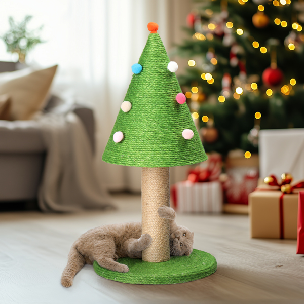 25in Christmas Tree Scratching Post, Cute Cat Scratcher with Natural Sisal Covered Frame & Colorful Little Balls for Indoor Cats