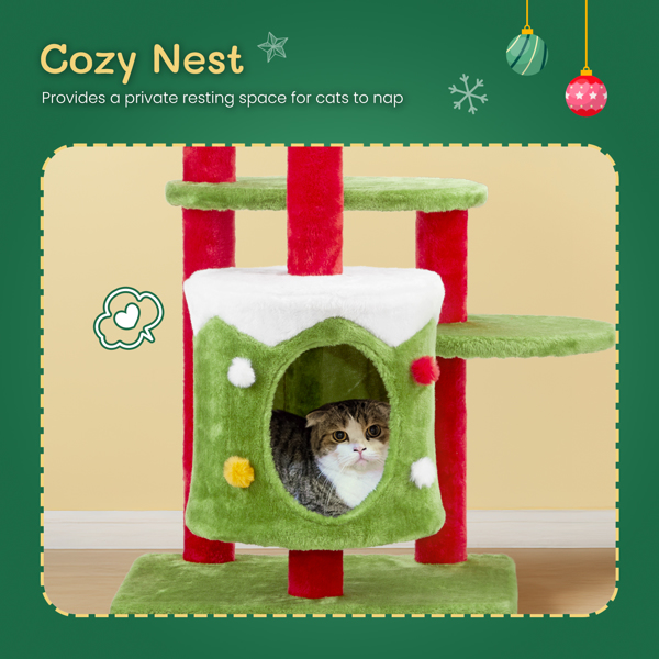 32in Christmas Themed Cat Tower with Cat Condo, 3-Level Plush Cat Tree Activity Center for Indoor Cats