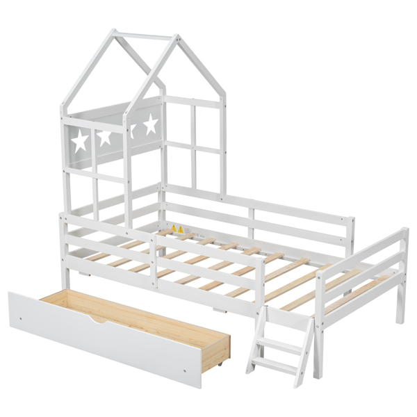 Wood Twin Size House Platform Bed with Guardrail and Drawer, White 