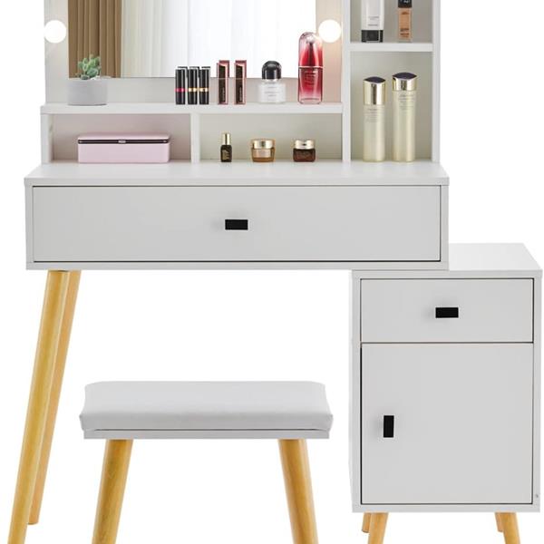 Dressing Table with Hollywood LED Mirror, Light Adjustable Brightness, Dressing Table, Padded Stool Set, White, Wooden Cosmetic Table with Drawer and Storage Cabinet