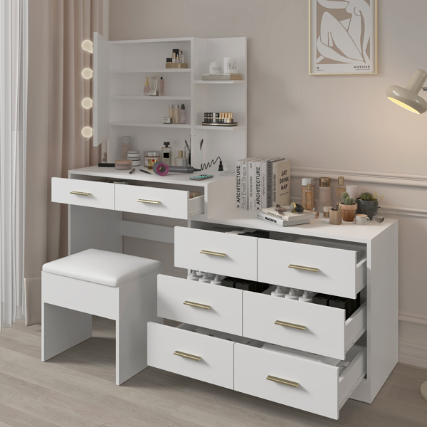 Large Makeup Vanity with Lights, Vanity Table with Charging Station, Vanity Desk with Mirror and 10 LED Light Bulbs, Makeup Table with Drawers and Storage Shelves, White