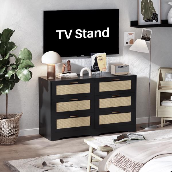 Breite Rattan Kommode, Schubladenkommode mit 6 Schubladen, 120x40x77 cm Highboard Tv Schrank, Landhausstil Sideboard Flur & Komodenschrank für Schlafzimmer Wohnzimmer (Schwarz)