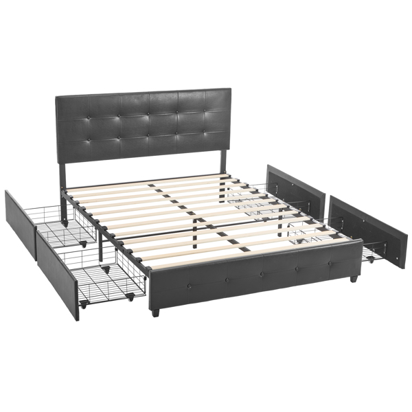 Upholstered Queen Platform Storage Bed Frame with 4 Drawers, Adjustable Headboard with Faux Leather Button Tufted Design, Wooden Slat Support, No Box Spring Needed, Black