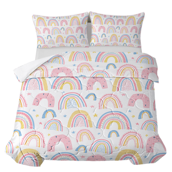 Rainbow Pattern Comforter Set for Women Pink and Yellow Rainbow Star Comforter 3 Piece with 2 Pillow Shams(1 Comforter and 2 Pillow Shams) Queen Size