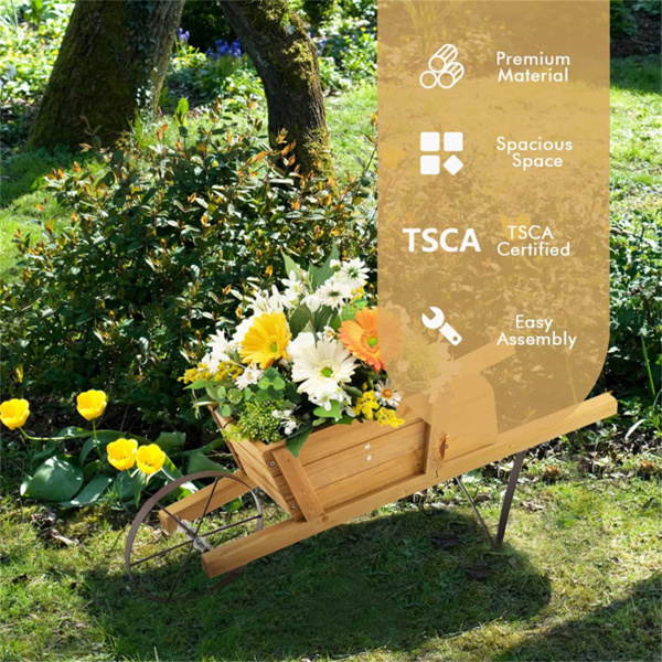 2 In 1 Wheelbarrow Planter，Wooden Wagon Planter with 9 Magnetic Accessories for Garden Yard