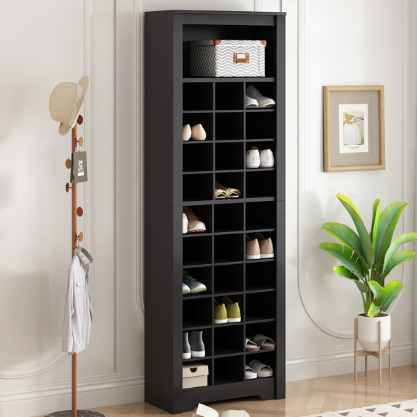 Stylish Design 30 Shoe Cubby Console, Contemporary Shoe Cabinet with Multiple Storage Capacity, Free Standing Tall Cabinet with Versatile Use for Hallway,  Bedroom, Black