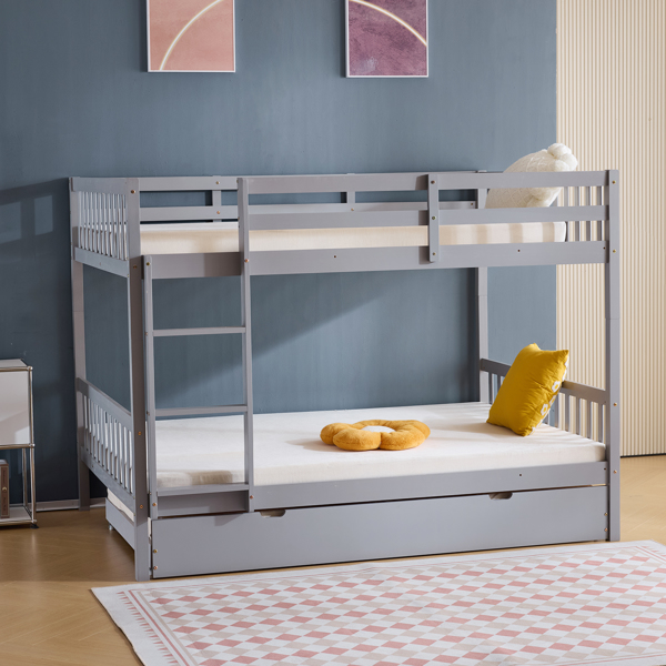 Full Size Bunk Bed with Trundle Bed, with Ladder and Safety Rails Pinewood Bunk Bed Gray