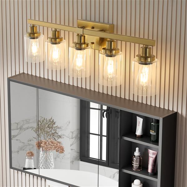 Golden 5-Light Vanity Light with Clear Glass Shades, Modern Iron Metal Bathroom Wall Fixture for Mirror, Ideal for Bathroom and Dressing Table (No Bulbs)