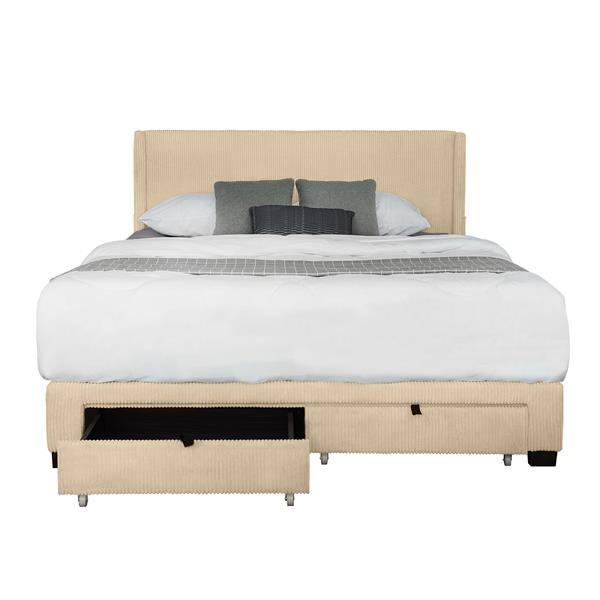 BEIGE QUEEN SIZE BED IN CORDUROY WITH WING DESIGN, PERFECT FOR ANY DECOR. TWO DRAWERS PROVIDE AMPLE STORAGE; IDEAL FOR BEDROOM COMFORT! NO BOX SPRING NEEDED; MATTRESS NOT INCLUDED.