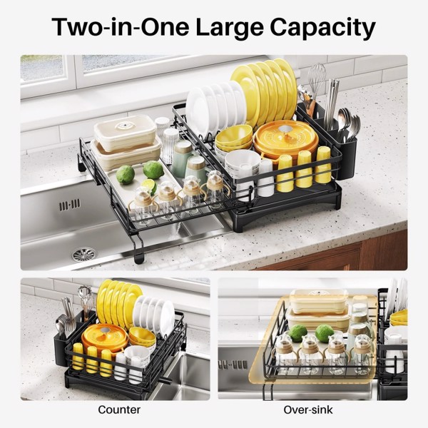 2-in-1 Expandable Dish Drying Rack Kit, Stainless Steel Dish Rack Set with Utensil Holder, Cutting Board Holder, Cup Holder, Magnetic Spice Rack and Metal Hook for Fridge