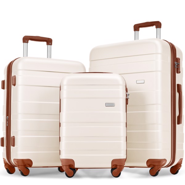 Luggage Sets New Model ABS Hardshell 3pcs Clearance Luggage Hardside Lightweight Durable Suitcase sets Spinner Wheels Suitcase with TSA Lock 20''24''28''(ivory and brown)