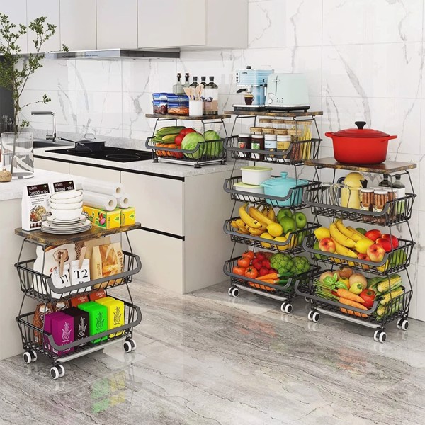 4 Tier Fruit Storage Basket, Fruit Vegetable Cart with Solid Wood, Kitchen Storage Rack with Rollers for Pantry