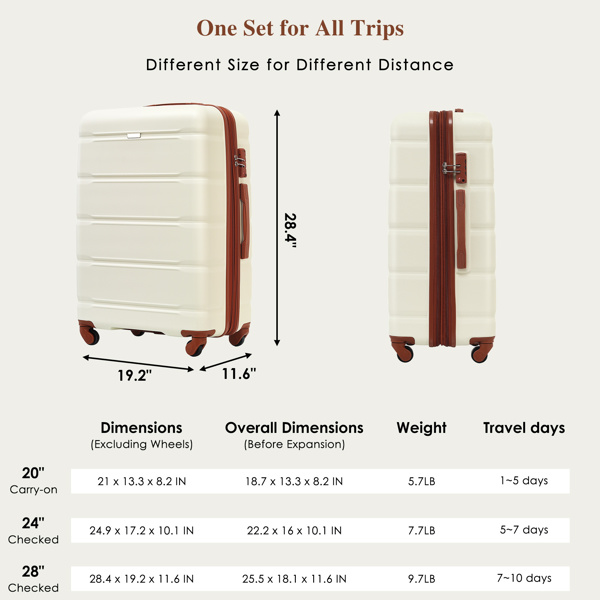 Luggage Sets 4 Piece, 20-inch with USB Port, Expandable ABS Durable Suitcase with Travel Bag,  Cup Holder, ABS Hard Shell Luggage with Spinner Wheels, beige and brown