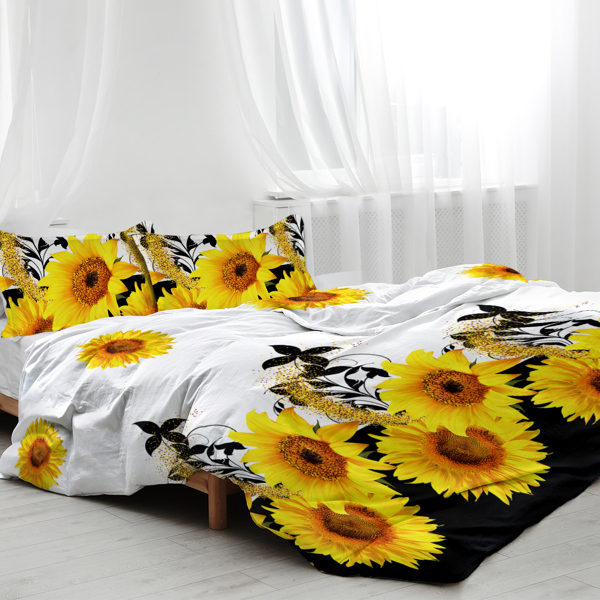 3 Pieces Black And White Background Sunflower Duvet Cover Set Yellow Flower Polyester Bedding Set For Adults Bedroom Decor Full Size