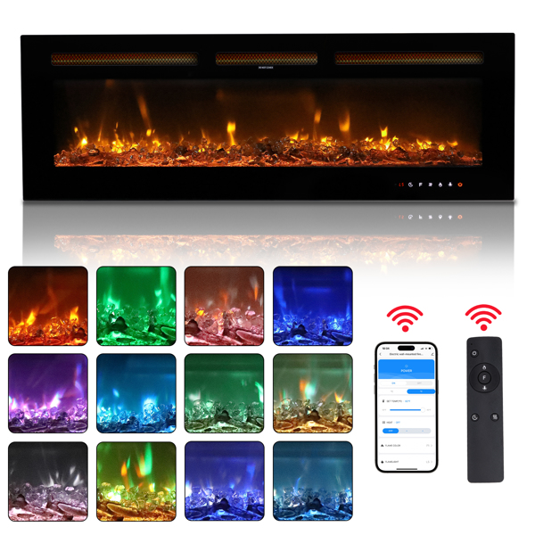 ZOKOP 50" Smart WiFi Electric Fireplace Insert, 1500W Wall Recessed/Mounted, Freestanding Fireplace Heater with Remote Control, 12 Color Adjustable Flames, Thermostat, 8H Timer, 5 Brightness Settings