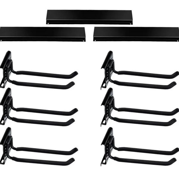 Garage Storage Organization Wall Mount, Garden Tool Rack Organizer Heavy Duty Folding Chair Hangers with 6 Adjustable Hooks Tracks Wall Mount Tool Storage Rack,  Hold Up to 300lbs Black