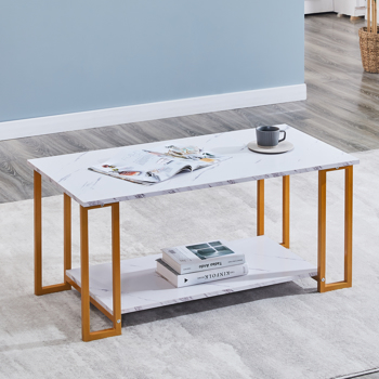  Coffee Table, 2 Layers 1.5cm Thick Marble MDF Rectangle 39.37\\" L Tabletop Iron Coffee Table , Dining Room, Coffee Shop, Resterant, White Top, Gold Leg 