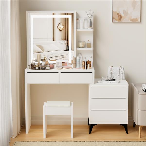 45.3" Long Large Vanity Desk with Mirror and Lights for Makeup and Chair, Vanity Mirror with Lights and Table Set with 3 Color Lighting Brightness Adjustable, 5 Drawers, White Color