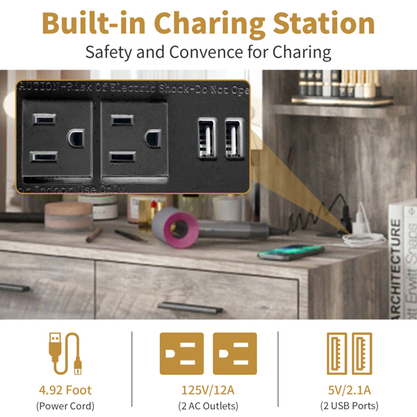 Large Makeup Vanity with Lights, Vanity Table with Charging Station, Vanity Desk with Mirror and 10 LED Light Bulbs, Makeup Table with Drawers and Storage Shelves, Gray