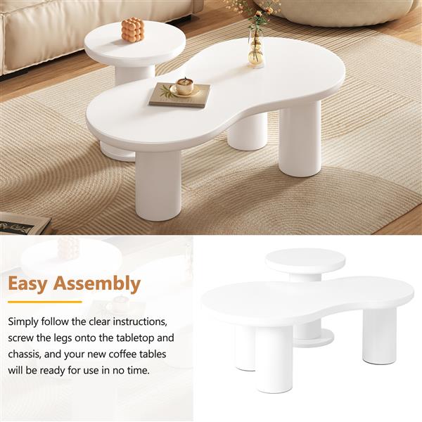 Easy Assembly Nesting Coffee Table Set of 2, Cream Style Cloud Coffee Table with Round Small Side Table,  Irregular Center Table with Thick Legs for Living Room, White, 39.3''x 13.7'',Φ15.7''