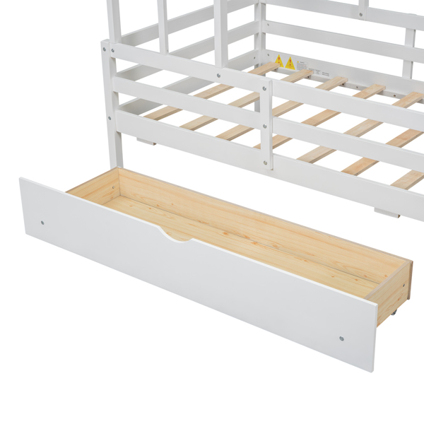 Wood Twin Size House Platform Bed with Guardrail and Drawer, White 