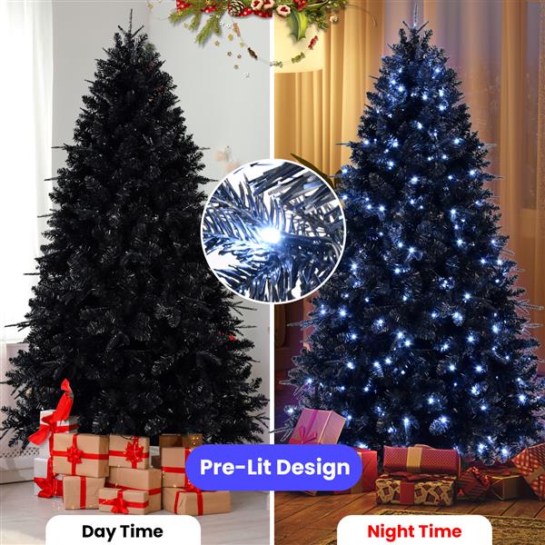 9ft Pre-Lit Black Christmas Tree, Full Halloween Xmas Artificial Tree 3176 Branch Tips, 750 Lights, Metal Hinges, Foldable Base, Holiday Decoration - Black