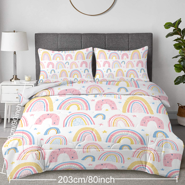 Rainbow Pattern Comforter Set for Women Pink and Yellow Rainbow Star Comforter 3 Piece with 2 Pillow Shams(1 Comforter and 2 Pillow Shams) Twin Size  （Maybe Shipment from FBA）