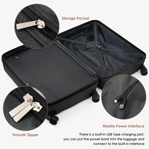 Luggage Sets 3 Piece, 20-inch with USB Port and front opening design,  ABS Hard Shell Luggage with Spinner Wheels, Cup Holder, black and brown