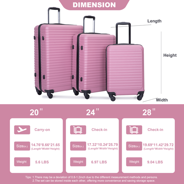 3 Piece Luggage Sets ABS Lightweight Suitcase with Two Hooks, Spinner Wheels, TSA Lock, (20/24/28) PINK