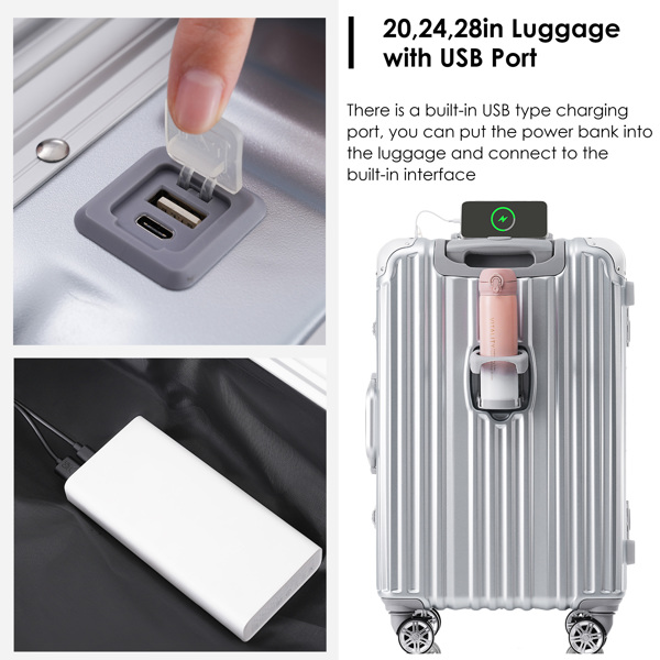 1pc 20in Aluminum Frame Luggage with USB port, Vacation Carry-On Suitcase with Spinner Wheels and TSA Lock, Travel Trolley Case For Short Business Trips, Beach Holidays, gray silver