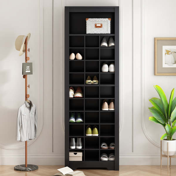 Stylish Design 30 Shoe Cubby Console, Contemporary Shoe Cabinet with Multiple Storage Capacity, Free Standing Tall Cabinet with Versatile Use for Hallway,  Bedroom, Black