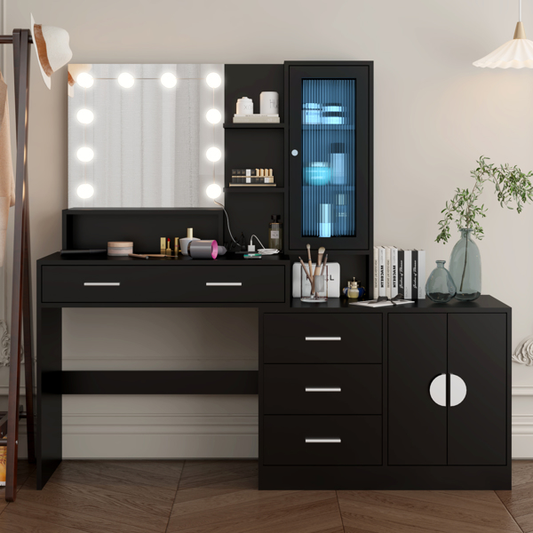 Large Makeup Vanity with Lights, Vanity Table with Charging Station, Vanity Desk with Mirror and 10 LED Light Bulbs, Makeup Table with Drawers and Storage Shelves and Cabinets, Black