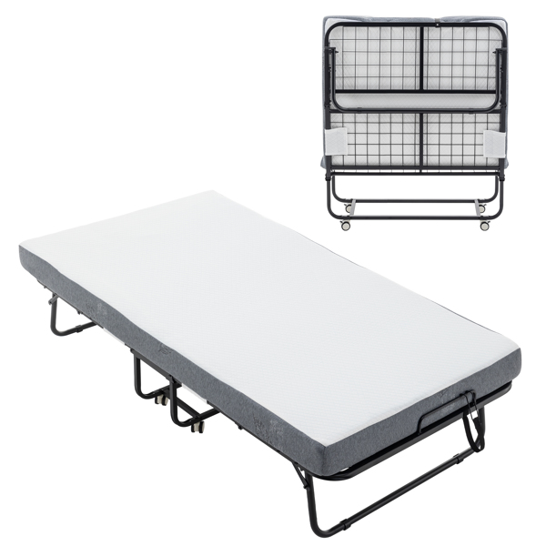 Folding Bed with Mattress and Storage Cover for Adults,Cot Size Guest Bed on Wheels,Protable Folding Bed with Memory Foam Mattress and Metal Frame, 75 x 38