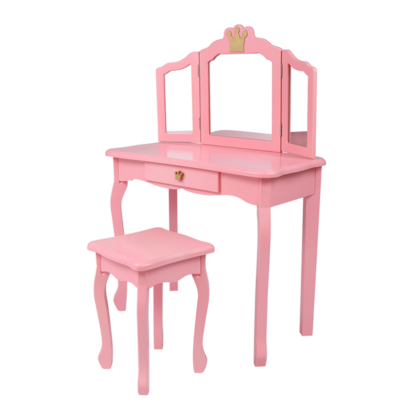 Children's Wooden Dressing Table Three-Sided Folding Mirror Dressing Table Chair Single Drawer Pink Crown Style