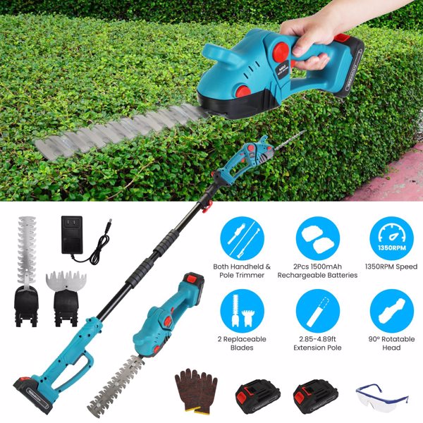  3 In 1 Multifunctional  Mini Hedge Trimmer & Grass Shear Electric Cordless Handheld Hedge Trimmer with 90° Rotatable Head Telescopic Extension Pole Gloves Goggles 2Pcs 21V Batteries